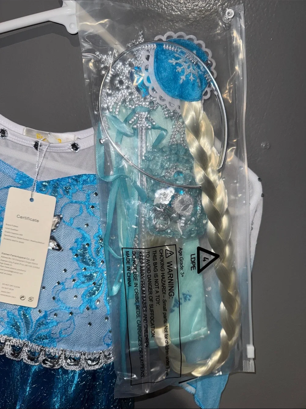 Elsa inspired Blue Sparkle Princess Costume Dress with Blonde Braid Wig